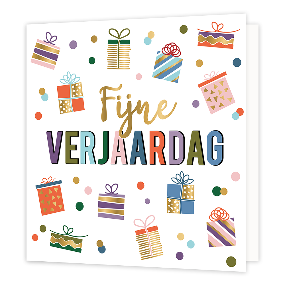 XL - Fijne verjaardag - Formaat: Groot - Vorm: Vierkant - Verjaardagskaart - Op deze wenskaart staan cadeaus in de kleuren rood, groen, blauw, roze en goud. In het midden staat de tekst: "Fijne verjaardag". - Snelwenskaart