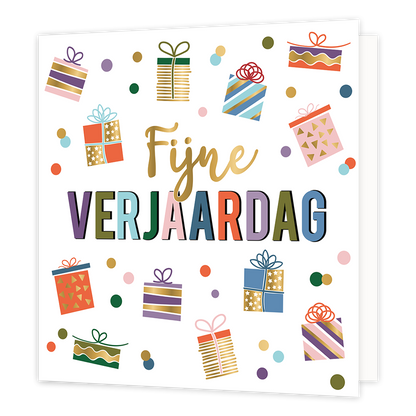 XL - Fijne verjaardag - Formaat: Groot - Vorm: Vierkant - Verjaardagskaart - Op deze wenskaart staan cadeaus in de kleuren rood, groen, blauw, roze en goud. In het midden staat de tekst: "Fijne verjaardag". - Snelwenskaart