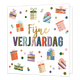 XL - Fijne verjaardag - Formaat: Groot - Vorm: Vierkant - Verjaardagskaart - Op deze wenskaart staan cadeaus in de kleuren rood, groen, blauw, roze en goud. In het midden staat de tekst: "Fijne verjaardag". - Snelwenskaart