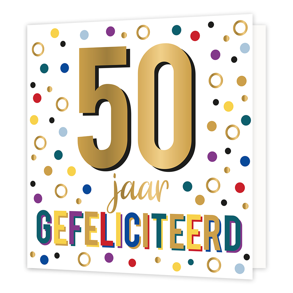 XL - 50 jaar gefeliciteerd - Formaat: Groot - Vorm: Vierkant - Verjaardagskaart - Op deze wenskaart staan stippen in de kleuren goud, groen, blauw, paars, rood, geel en zwart. In het midden staat de tekst: "50 jaar gefeliciteerd". - Snelwenskaart