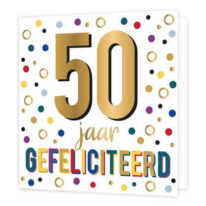 XL - 50 jaar gefeliciteerd - Formaat: Groot - Vorm: Vierkant - Verjaardagskaart - Op deze wenskaart staan stippen in de kleuren goud, groen, blauw, paars, rood, geel en zwart. In het midden staat de tekst: "50 jaar gefeliciteerd". - Snelwenskaart