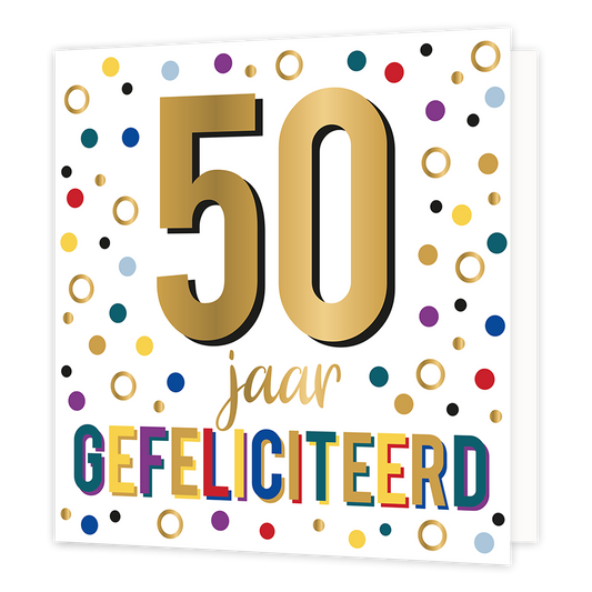XL - 50 jaar gefeliciteerd - Formaat: Groot - Vorm: Vierkant - Verjaardagskaart - Op deze wenskaart staan stippen in de kleuren goud, groen, blauw, paars, rood, geel en zwart. In het midden staat de tekst: "50 jaar gefeliciteerd". - Snelwenskaart