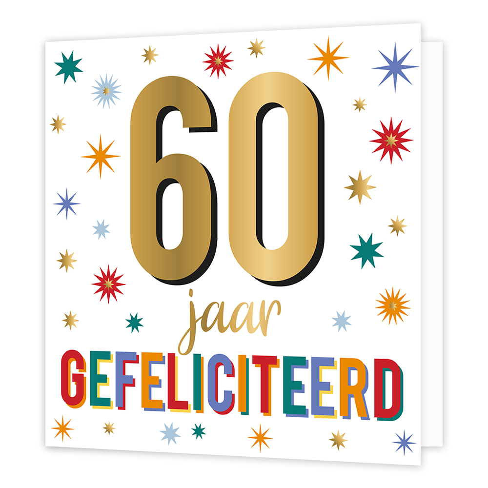 XL - 60 jaar gefeliciteerd - Formaat: Groot - Vorm: Vierkant - Verjaardagskaart - Op deze wenskaart staan sterren in de kleuren groen, blauw, rood, oranje, paars en goud. In het midden staat de tekst: "60 jaar gefeliciteerd". - Snelwenskaart