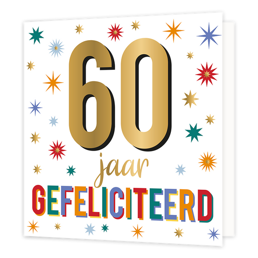 XL - 60 jaar gefeliciteerd - Formaat: Groot - Vorm: Vierkant - Verjaardagskaart - Op deze wenskaart staan sterren in de kleuren groen, blauw, rood, oranje, paars en goud. In het midden staat de tekst: "60 jaar gefeliciteerd". - Snelwenskaart