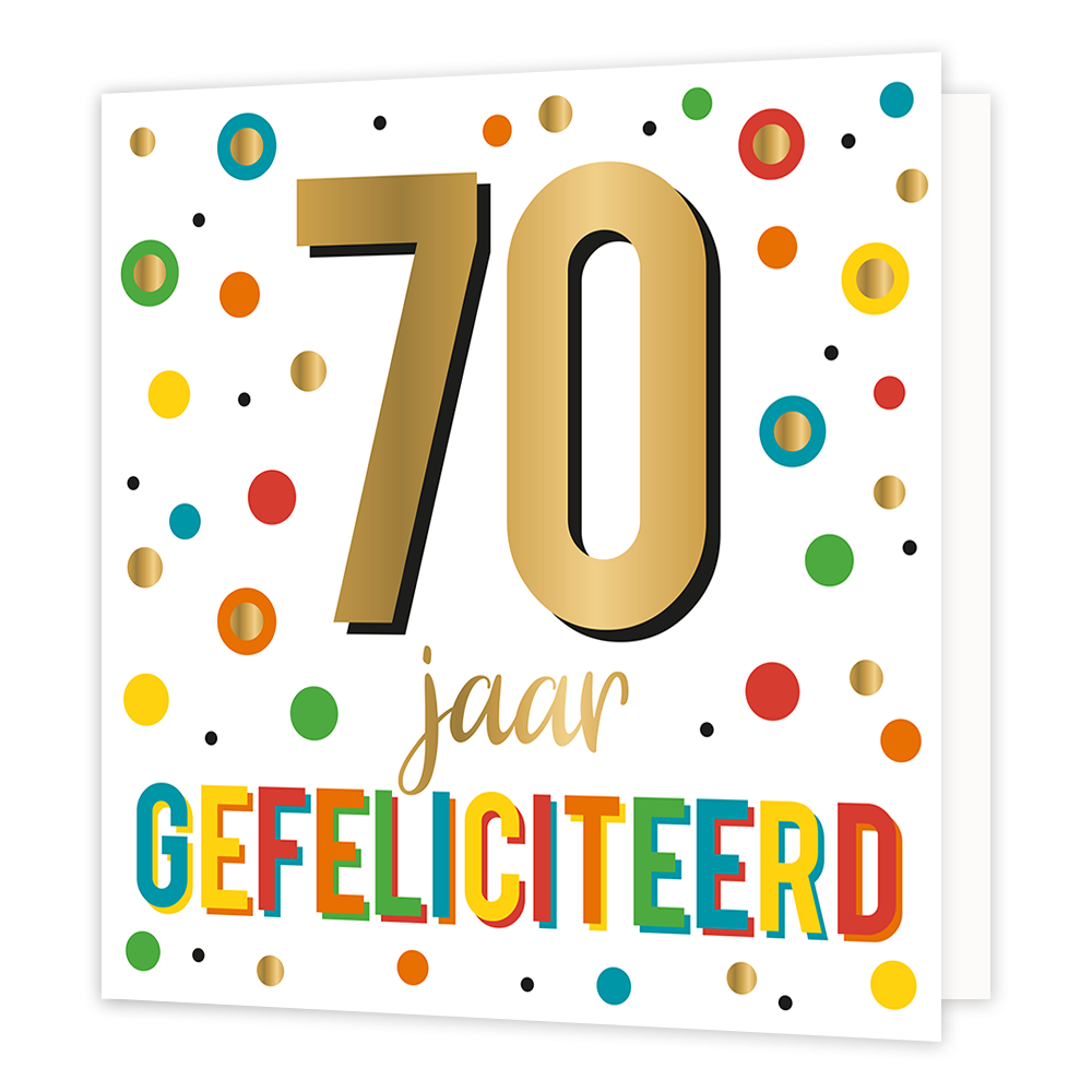 XL - 70 jaar gefeliciteerd - Formaat: Groot - Vorm: Vierkant - Verjaardagskaart - Op deze wenskaart staan stippen in de kleuren geel, oranje, rood, groen, blauw en goud. In het midden staat de tekst: "70 jaar gefeliciteerd". - Snelwenskaart