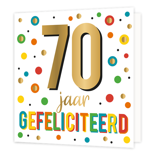 XL - 70 jaar gefeliciteerd - Formaat: Groot - Vorm: Vierkant - Verjaardagskaart - Op deze wenskaart staan stippen in de kleuren geel, oranje, rood, groen, blauw en goud. In het midden staat de tekst: "70 jaar gefeliciteerd". - Snelwenskaart