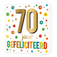 XL - 70 jaar gefeliciteerd - Formaat: Groot - Vorm: Vierkant - Verjaardagskaart - Op deze wenskaart staan stippen in de kleuren geel, oranje, rood, groen, blauw en goud. In het midden staat de tekst: "70 jaar gefeliciteerd". - Snelwenskaart