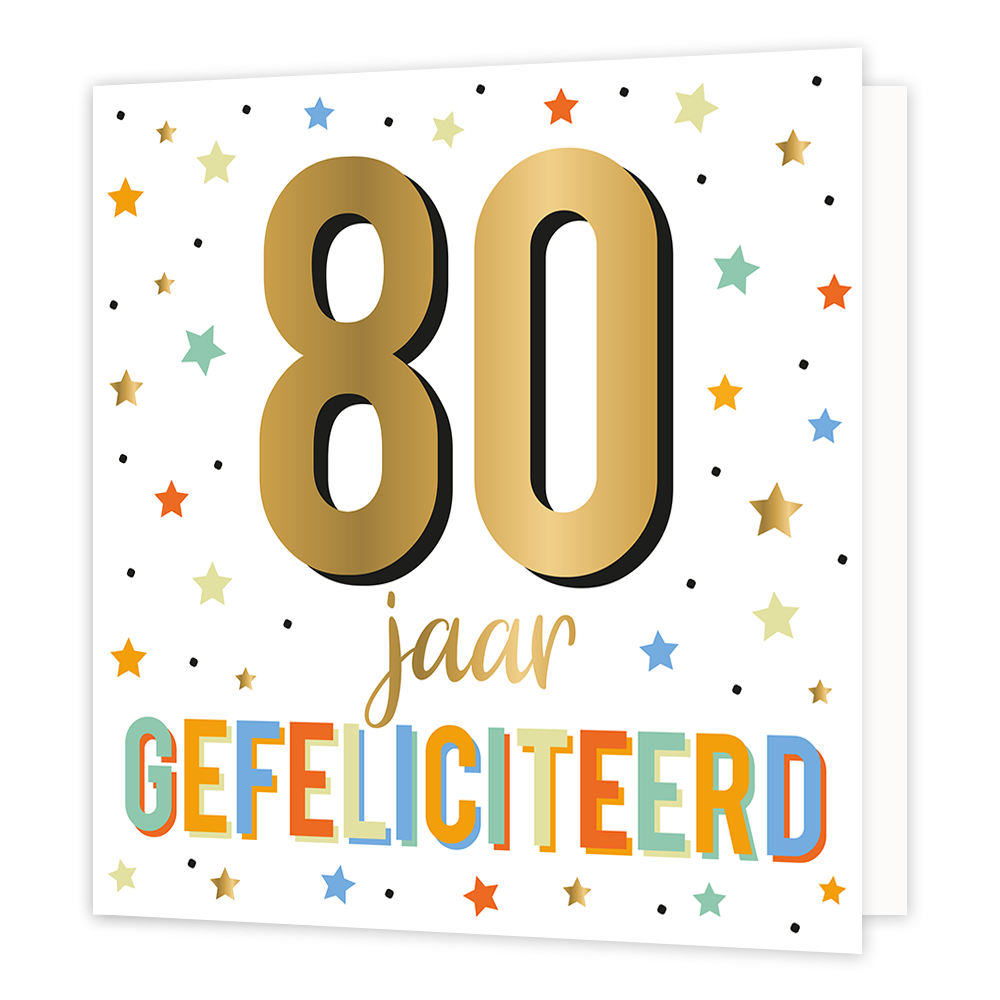 XL - 80 jaar gefeliciteerd - Formaat: Groot - Vorm: Vierkant - Verjaardagskaart - Op deze wenskaart staan sterren in de kleuren oranje, geel, groen, blauw, rood en goud. In het midden staat de tekst: "80 jaar gefeliciteerd". - Snelwenskaart