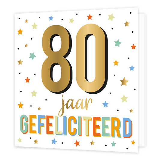XL - 80 jaar gefeliciteerd - Formaat: Groot - Vorm: Vierkant - Verjaardagskaart - Op deze wenskaart staan sterren in de kleuren oranje, geel, groen, blauw, rood en goud. In het midden staat de tekst: "80 jaar gefeliciteerd". - Snelwenskaart