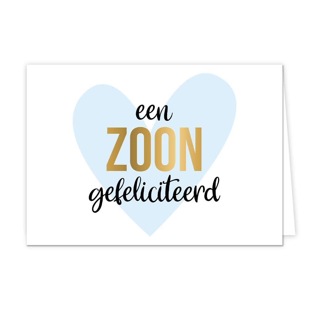 Een zoon gefeliciteerd - Formaat: Standaard - Vorm: Liggend - Geboortekaart - Op deze wenskaart staat een groot blauw hart met in het midden de tekst: "Een zoon gefeliciteerd". - Snelwenskaart