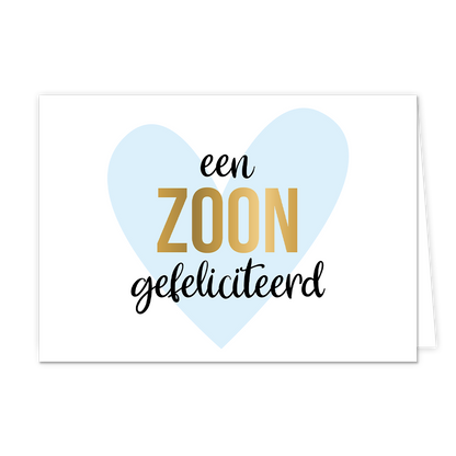 Een zoon gefeliciteerd - Formaat: Standaard - Vorm: Liggend - Geboortekaart - Op deze wenskaart staat een groot blauw hart met in het midden de tekst: "Een zoon gefeliciteerd". - Snelwenskaart