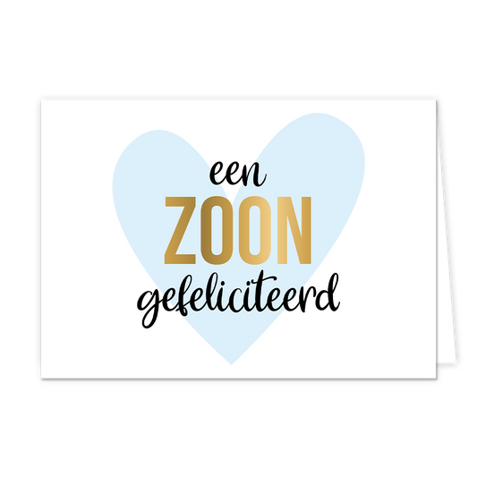 Een zoon gefeliciteerd - Formaat: Normaal - Vorm: Liggend - Geboortekaart - Op deze wenskaart staat een groot blauw hart met in het midden de tekst: "Een zoon gefeliciteerd". - Snelwenskaart