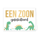 Een zoon gefeliciteerd - Formaat: Standaard - Vorm: Liggend - Geboortekaart - Op deze wenskaart staan drie verschillende groene dino's. Boven op de kaart staat in gouden letters 'EEN ZOON' en daaronder staat in zwart 'gefeliciteerd'. - Snelwenskaart