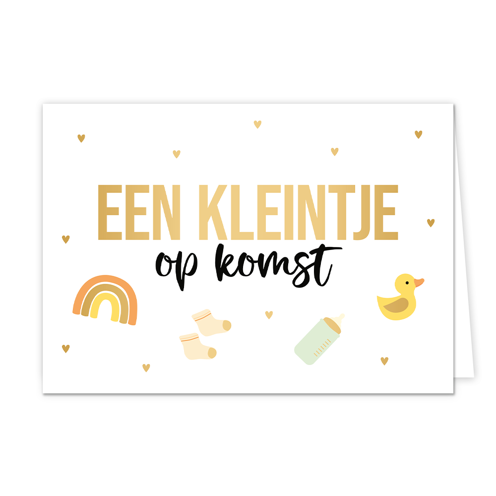 Een kleintje op komst - Formaat: Standaard - Vorm: Liggend - Zwanger kaart - Op deze wenskaart staan gouden hartjes, een regenboog, sokjes, babyflesje en een badeentje. In het midden staat de tekst: "Een kleintje op komst". - Snelwenskaart