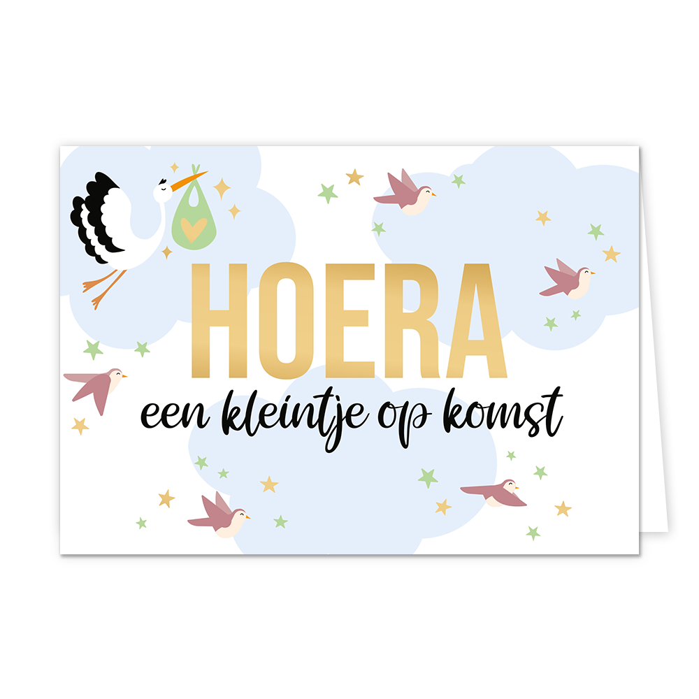  Op deze wenskaart staat een ooievaar en vijf vogels. In het midden van de kaart staat in het goud de tekst 'Hoera' en daaronder in het zwart de tekst 'een kleintje op komst'. 