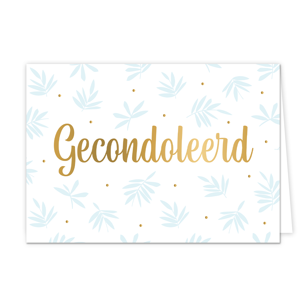 Gecondoleerd - Formaat: Normaal - Vorm: Liggend - Condoleance kaart - Op deze wenskaart staan gouden stippen met lichtblauwe bladeren op een witte achtergrond. In het midden staat in gouden tekst: "Gecondoleerd". - Snelwenskaart