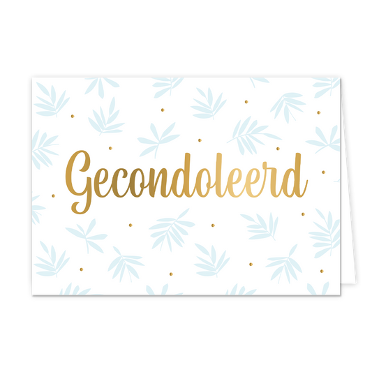 Gecondoleerd - Formaat: Normaal - Vorm: Liggend - Condoleance kaart - Op deze wenskaart staan gouden stippen met lichtblauwe bladeren op een witte achtergrond. In het midden staat in gouden tekst: "Gecondoleerd". - Snelwenskaart
