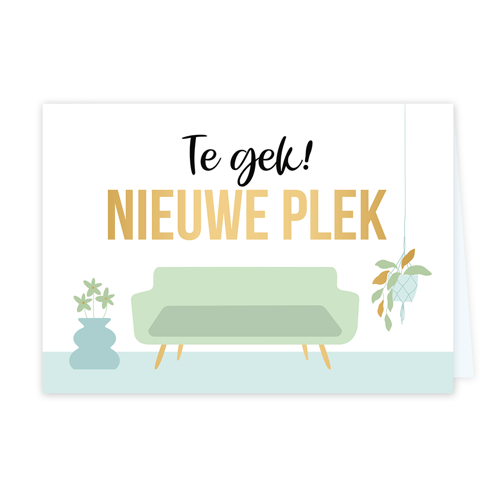 Te gek! Nieuwe plek - Formaat: Standaard - Vorm: Liggend - Woningkaart - Op deze wenskaart staat een lichte, pastelgroene bank afgebeeld tegen een witte achtergrond, met aan de linkerzijde een blauwe vaas met bloemen en aan de rechterzijde een hangplant in een macramé hanger. Boven de bank staat grote tekst gedrukt: bovenaan in cursieve, zwarte letters Te gek! en daaronder in grote, gouden hoofdletters NIEUWE PLEK. - Snelwenskaart
