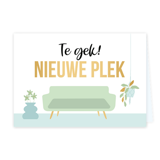 Te gek! Nieuwe plek - Formaat: Standaard - Vorm: Liggend - Woningkaart - Op deze wenskaart staat een lichte, pastelgroene bank afgebeeld tegen een witte achtergrond, met aan de linkerzijde een blauwe vaas met bloemen en aan de rechterzijde een hangplant in een macramé hanger. Boven de bank staat grote tekst gedrukt: bovenaan in cursieve, zwarte letters Te gek! en daaronder in grote, gouden hoofdletters NIEUWE PLEK. - Snelwenskaart