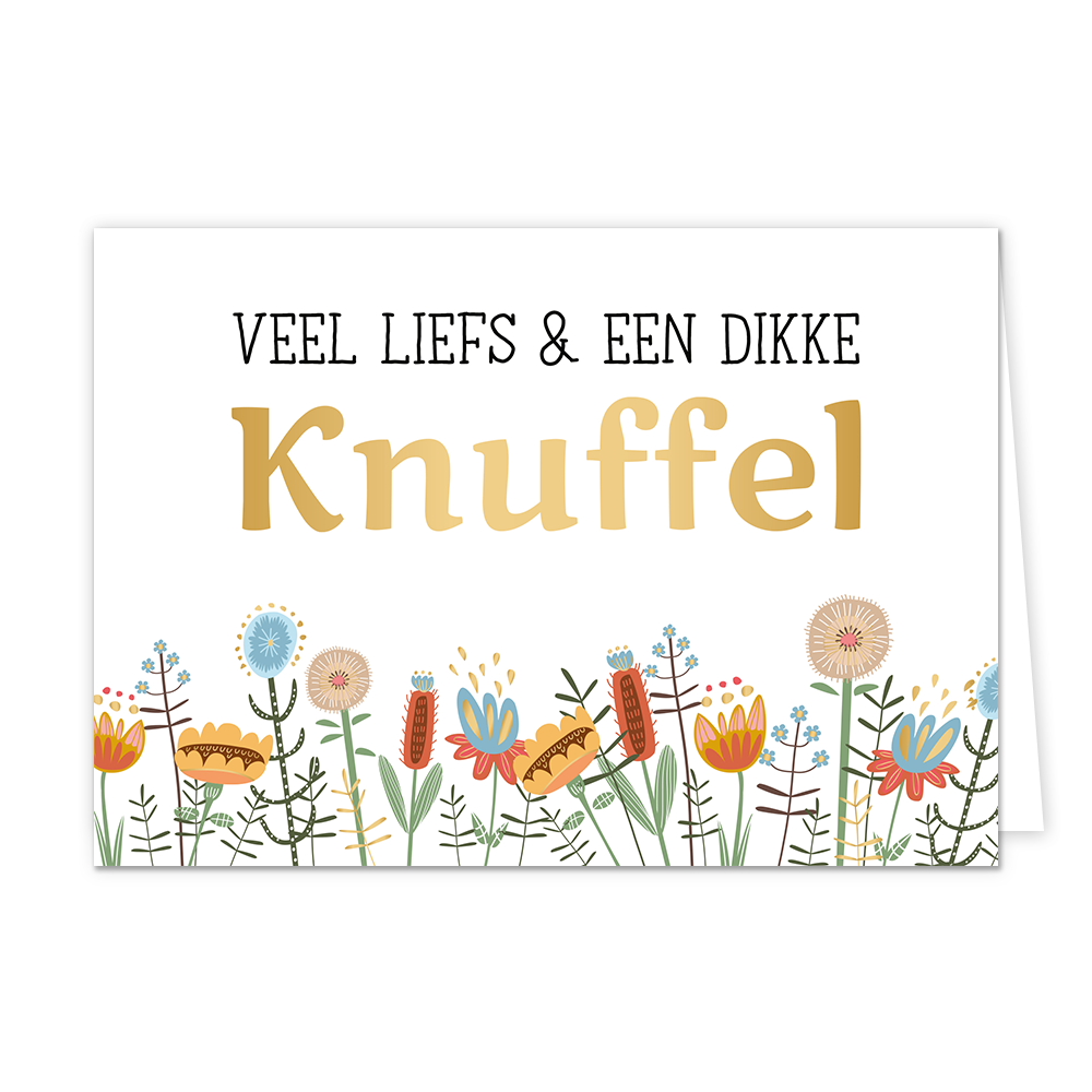 Veel liefs & een dikke knuffel - Formaat: Normaal - Vorm: Liggend - Vriendschapskaart - Op deze wenskaart staat een bloemenveld met bloemen in de kleuren blauw, oranje, beige en goud. Bovenaan staat de tekst: "Veel liefs & een dikke knuffel". - Snelwenskaart