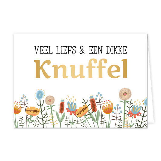 Veel liefs & een dikke knuffel - Formaat: Normaal - Vorm: Liggend - Vriendschapskaart - Op deze wenskaart staat een bloemenveld met bloemen in de kleuren blauw, oranje, beige en goud. Bovenaan staat de tekst: "Veel liefs & een dikke knuffel". - Snelwenskaart