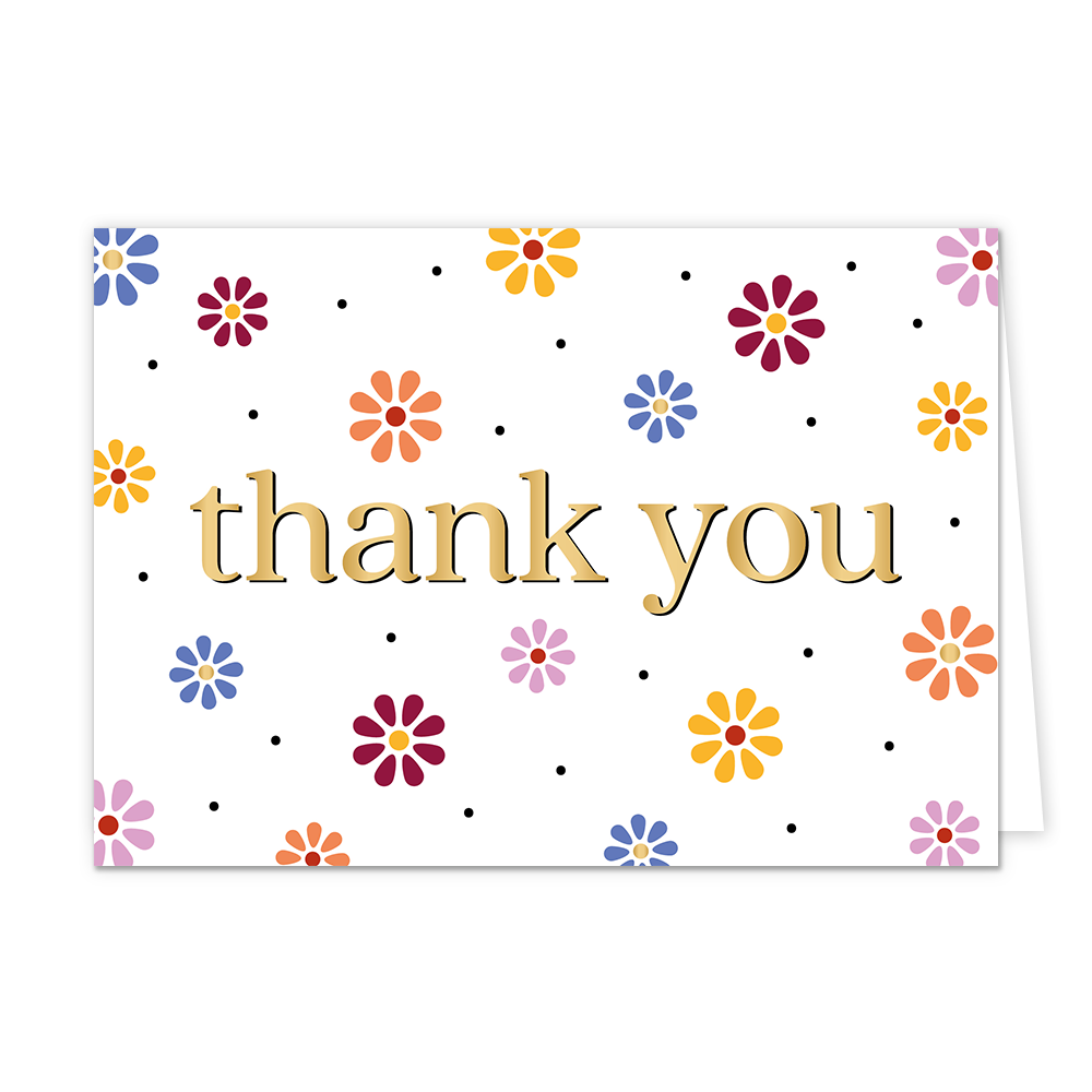 Thank you - Formaat: Normaal - Vorm: Liggend - Bedankkaart - Op deze wenskaart staan bloemen in de kleuren paars, roze, oranje, groen en oranje. In het midden staat de tekst: "Thank you". - Snelwenskaart