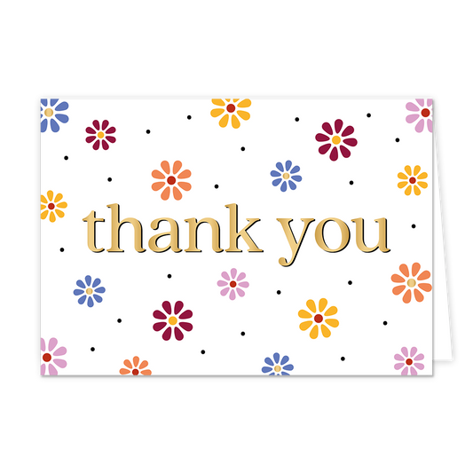 Thank you - Formaat: Normaal - Vorm: Liggend - Bedankkaart - Op deze wenskaart staan bloemen in de kleuren paars, roze, oranje, groen en oranje. In het midden staat de tekst: "Thank you". - Snelwenskaart