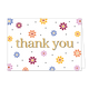 Thank you - Formaat: Standaard - Vorm: Liggend - Bedankkaart - Op deze wenskaart staan bloemen in de kleuren paars, roze, oranje, groen en oranje. In het midden staat de tekst: "Thank you". - Snelwenskaart