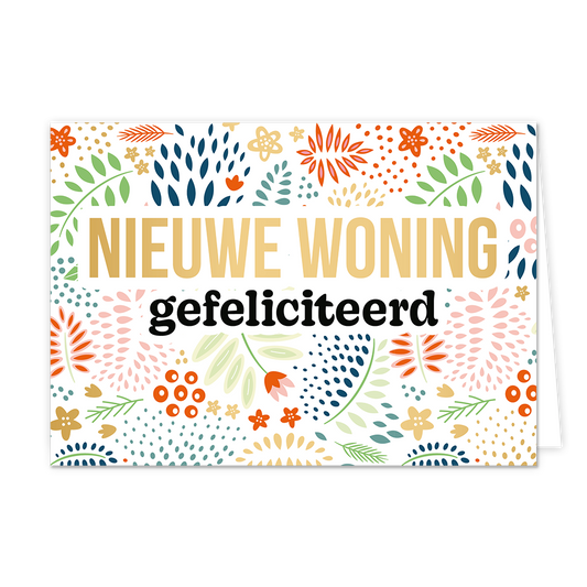 Nieuwe woning - Formaat: Normaal - Vorm: Liggend - Woningkaart - Op deze wenskaart staan bladeren in de kleuren blauw, groen, oranje, roze en goud met in het midden de tekst: "Nieuwe woning gefeliciteerd". - Snelwenskaart