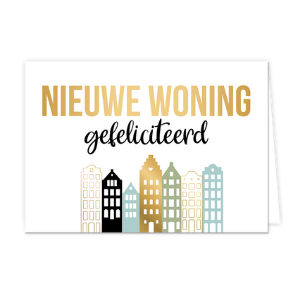 Nieuwe woning gefeliciteerd - Formaat: Normaal - Vorm: Liggend - Woningkaart - Op deze wenskaart staan huizen in de kleuren goud, groen, zwart en blauw. Daarboven staat de tekst: "Nieuwe woning gefeliciteerd". - Snelwenskaart