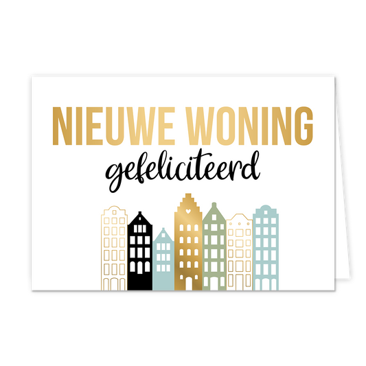 Nieuwe woning gefeliciteerd - Formaat: Normaal - Vorm: Liggend - Woningkaart - Op deze wenskaart staan huizen in de kleuren goud, groen, zwart en blauw. Daarboven staat de tekst: "Nieuwe woning gefeliciteerd". - Snelwenskaart