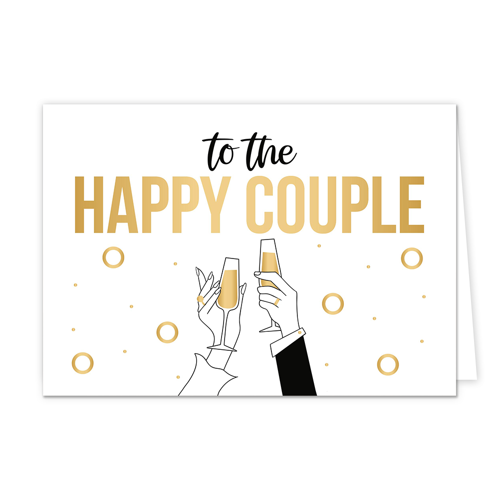 To the happy couple - Formaat: Standaard - Vorm: Liggend - Huwelijkskaart - Op deze wenskaart is een illustratie te zien van twee handen die champagneglazen heffen tegen een witte achtergrond. Boven deze glazen staat de zwarte en goudkleurige tekst "TO THE HAPPY COUPLE" in verschillende lettertypes. Rondom de heffende handen zijn gouden ringen en kleine stipjes afgebeeld. De linkerhand is fijner getekend met een ring om de vinger en een witte mouw, terwijl de rechterhand in een zwart pak is gekleed en even