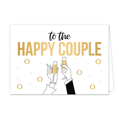 To the happy couple - Formaat: Standaard - Vorm: Liggend - Huwelijkskaart - Op deze wenskaart is een illustratie te zien van twee handen die champagneglazen heffen tegen een witte achtergrond. Boven deze glazen staat de zwarte en goudkleurige tekst "TO THE HAPPY COUPLE" in verschillende lettertypes. Rondom de heffende handen zijn gouden ringen en kleine stipjes afgebeeld. De linkerhand is fijner getekend met een ring om de vinger en een witte mouw, terwijl de rechterhand in een zwart pak is gekleed en even