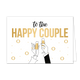 To the happy couple - Formaat: Standaard - Vorm: Liggend - Huwelijkskaart - Op deze wenskaart is een illustratie te zien van twee handen die champagneglazen heffen tegen een witte achtergrond. Boven deze glazen staat de zwarte en goudkleurige tekst "TO THE HAPPY COUPLE" in verschillende lettertypes. Rondom de heffende handen zijn gouden ringen en kleine stipjes afgebeeld. De linkerhand is fijner getekend met een ring om de vinger en een witte mouw, terwijl de rechterhand in een zwart pak is gekleed en even