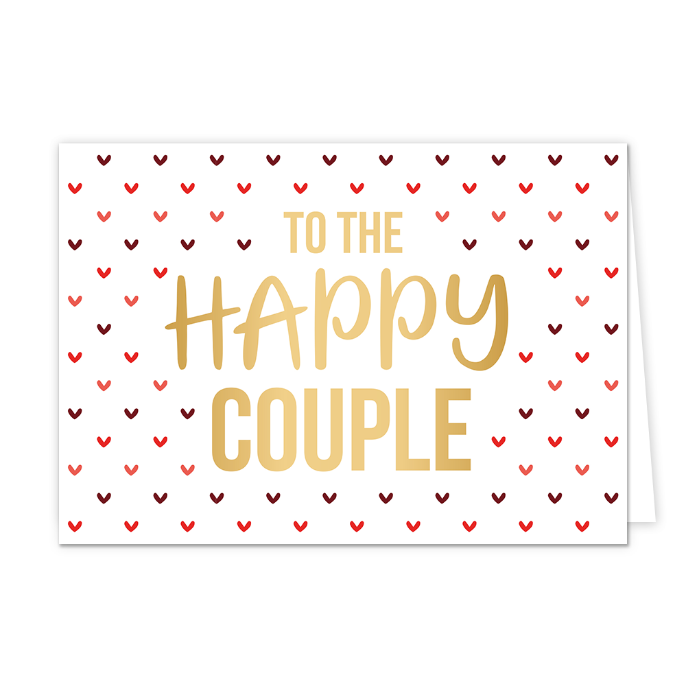To the happy couple - Formaat: Normaal - Vorm: Liggend - Huwelijkskaart - Op deze wenskaart staat de goudkleurige tekst "TO THE HAPPY COUPLE" centraal tegen een witte achtergrond. Het woord "HAPPY" is uitgevoerd in een sierlijk, handgeschreven lettertype, terwijl de overige woorden in strakke blokletters staan. De tekst wordt omringd door een regelmatig patroon van kleine hartjes in verschillende tinten rood en roze. - Snelwenskaart