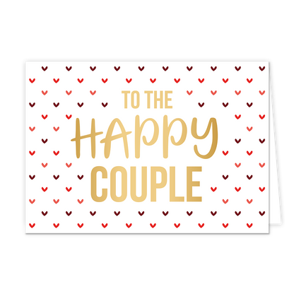 To the happy couple - Formaat: Normaal - Vorm: Liggend - Huwelijkskaart - Op deze wenskaart staat de goudkleurige tekst "TO THE HAPPY COUPLE" centraal tegen een witte achtergrond. Het woord "HAPPY" is uitgevoerd in een sierlijk, handgeschreven lettertype, terwijl de overige woorden in strakke blokletters staan. De tekst wordt omringd door een regelmatig patroon van kleine hartjes in verschillende tinten rood en roze. - Snelwenskaart