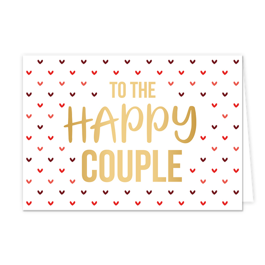 To the happy couple - Formaat: Normaal - Vorm: Liggend - Huwelijkskaart - Op deze wenskaart staat de goudkleurige tekst "TO THE HAPPY COUPLE" centraal tegen een witte achtergrond. Het woord "HAPPY" is uitgevoerd in een sierlijk, handgeschreven lettertype, terwijl de overige woorden in strakke blokletters staan. De tekst wordt omringd door een regelmatig patroon van kleine hartjes in verschillende tinten rood en roze. - Snelwenskaart
