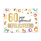 60 jaar getrouwd gefeliciteerd - Formaat: Normaal - Vorm: Liggend - Huwelijkskaart - Op deze wenskaart zijn stippen en cirkels te zien in de kleuren geel, rood, turquoise en goud. In het midden staat de tekst "60 jaar getrouwd gefeliciteerd" waarbij de teksten "60" en "gefeliciteerd" in het goud geschreven zijn. - Snelwenskaart