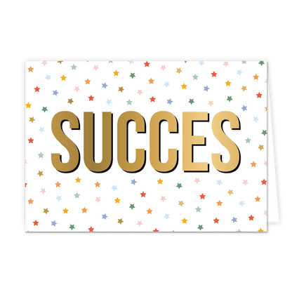 Succes - Formaat: Normaal - Vorm: Liggend - Succes kaart - Op deze wenskaart staan sterren in de kleuren paars, groen, roze, blauw, rood, oranje en goud. In het midden staat de tekst: "Succes". - Snelwenskaart