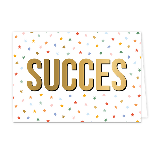 Succes - Formaat: Normaal - Vorm: Liggend - Succes kaart - Op deze wenskaart staan sterren in de kleuren paars, groen, roze, blauw, rood, oranje en goud. In het midden staat de tekst: "Succes". - Snelwenskaart
