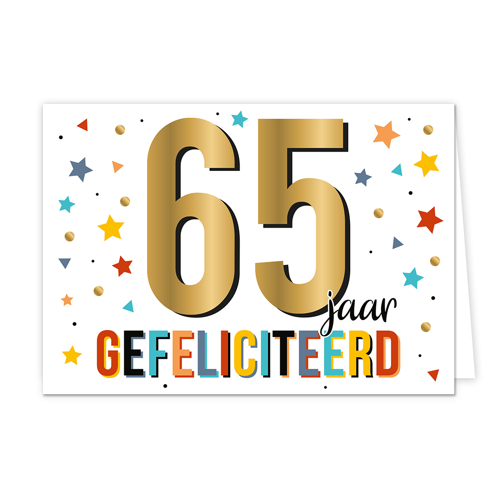 65 jaar gefeliciteerd - Formaat: Normaal - Vorm: Liggend - Verjaardagskaart - Op deze wenskaart staan sterren, stippen en driehoeken in de kleuren goud, oranje, geel, rood en blauw. In het midden staat de tekst: "65 jaar gefeliciteerd". - Snelwenskaart