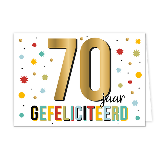 70 jaar gefeliciteerd - Formaat: Normaal - Vorm: Liggend - Verjaardagskaart - Op deze wenskaart staan sterren en stippen in de kleuren rood, blauw, geel, groen en goud. In het midden staat de tekst: "70 jaar gefeliciteerd". - Snelwenskaart