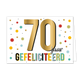 70 jaar gefeliciteerd - Formaat: Standaard - Vorm: Liggend - Verjaardagskaart - Op deze wenskaart staan sterren en stippen in de kleuren rood, blauw, geel, groen en goud. In het midden staat de tekst: "70 jaar gefeliciteerd". - Snelwenskaart