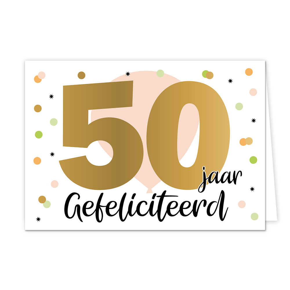 50 jaar gefeliciteerd - Formaat: Normaal - Vorm: Liggend - Verjaardagskaart - Op deze wenskaart is een grote beige ballon te zien met stippen eromheen in diverse kleuren. In het midden staat de tekst "50 jaar gefeliciteerd" met de tekst "50" in het goud geschreven. - Snelwenskaart
