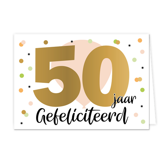 50 jaar gefeliciteerd - Formaat: Normaal - Vorm: Liggend - Verjaardagskaart - Op deze wenskaart is een grote beige ballon te zien met stippen eromheen in diverse kleuren. In het midden staat de tekst "50 jaar gefeliciteerd" met de tekst "50" in het goud geschreven. - Snelwenskaart