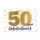 50 jaar gefeliciteerd - Formaat: Standaard - Vorm: Liggend - Verjaardagskaart - Op deze wenskaart is een grote beige ballon te zien met stippen eromheen in diverse kleuren. In het midden staat de tekst "50 jaar gefeliciteerd" met de tekst "50" in het goud geschreven. - Snelwenskaart