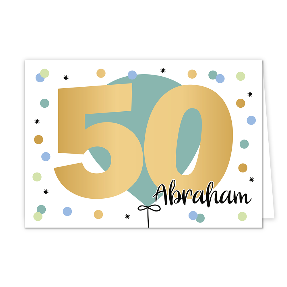 50 Abraham - Formaat: Normaal - Vorm: Liggend - Verjaardagskaart - Op deze wenskaart is een grote groene ballon te zien met stippen eromheen in diverse kleuren. In het midden staat de tekst "50 Abraham" met de tekst "50" in het goud geschreven. - Snelwenskaart