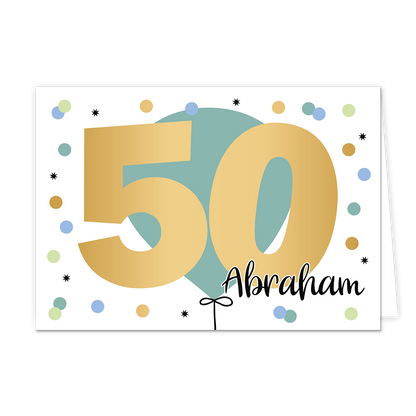 50 Abraham - Formaat: Normaal - Vorm: Liggend - Verjaardagskaart - Op deze wenskaart is een grote groene ballon te zien met stippen eromheen in diverse kleuren. In het midden staat de tekst "50 Abraham" met de tekst "50" in het goud geschreven. - Snelwenskaart
