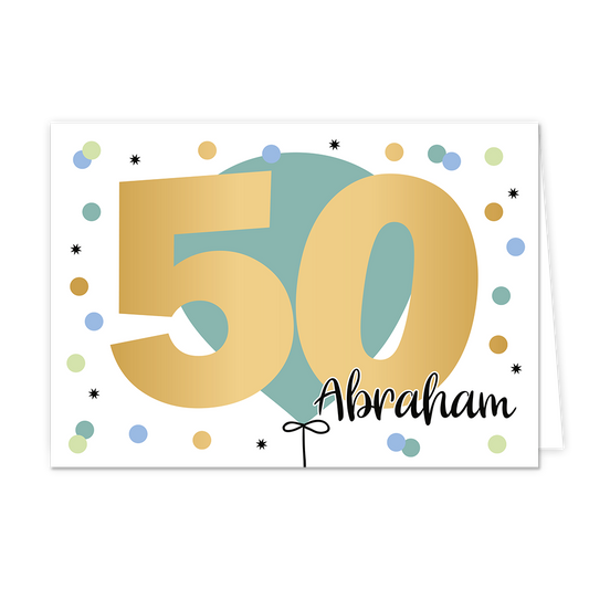 50 Abraham - Formaat: Normaal - Vorm: Liggend - Verjaardagskaart - Op deze wenskaart is een grote groene ballon te zien met stippen eromheen in diverse kleuren. In het midden staat de tekst "50 Abraham" met de tekst "50" in het goud geschreven. - Snelwenskaart