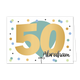 50 Abraham - Formaat: Standaard - Vorm: Liggend - Verjaardagskaart - Op deze wenskaart is een grote groene ballon te zien met stippen eromheen in diverse kleuren. In het midden staat de tekst "50 Abraham" met de tekst "50" in het goud geschreven. - Snelwenskaart